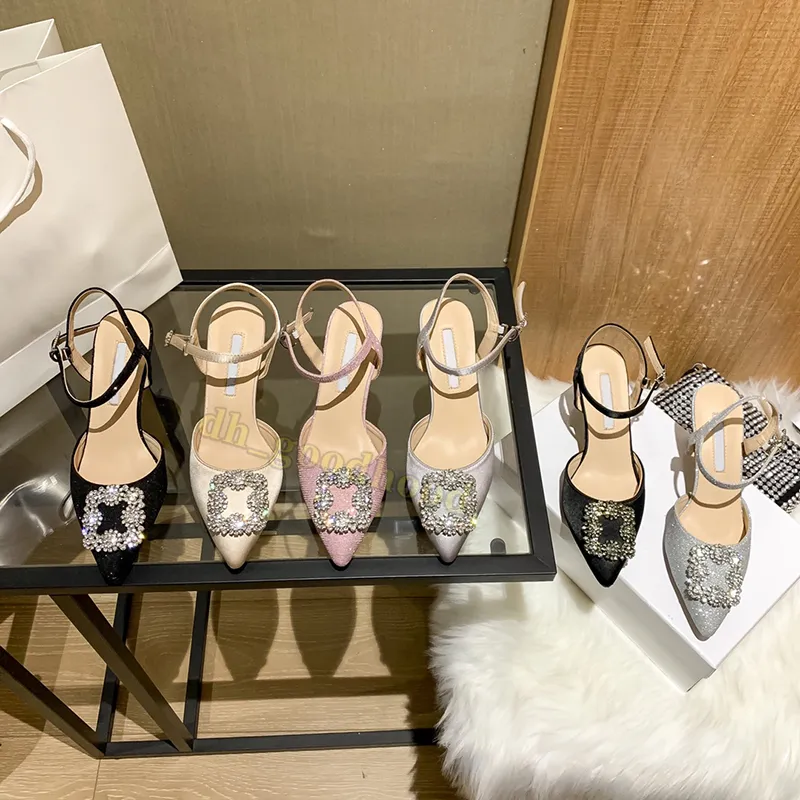 Tacones de vestir para mujer zapatos Hangisi Classic 65 Crystals Hebilla Satinada Satinback Bombas de satén Hebilla Hebilla Sand