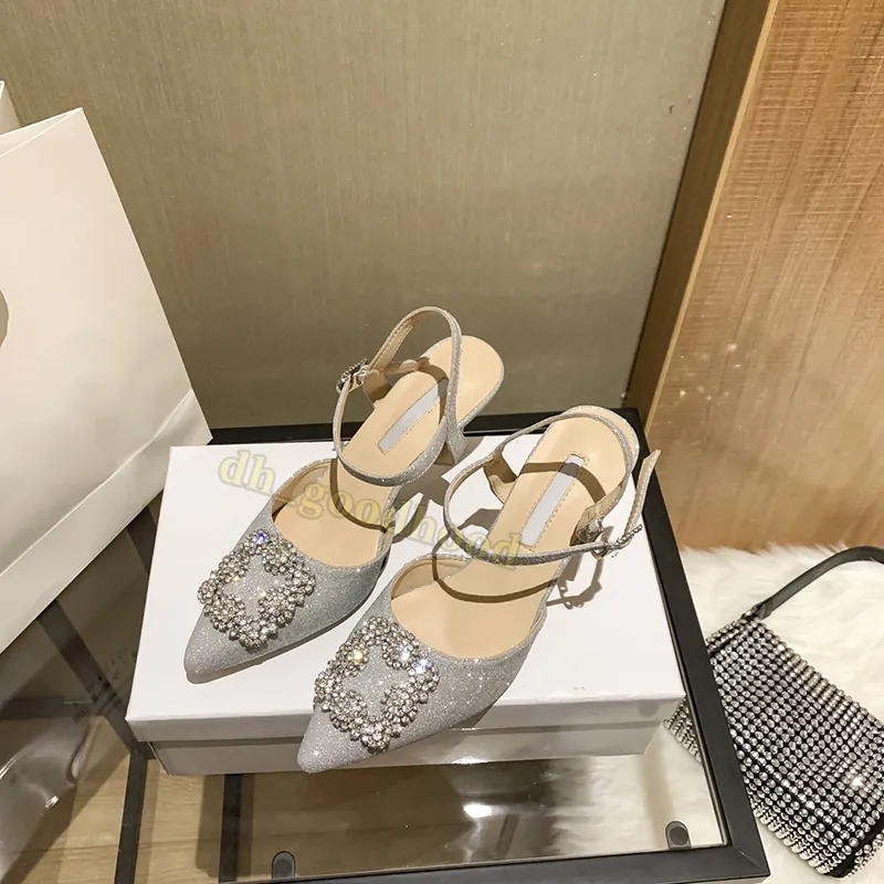 Tacones de vestir para mujer zapatos Hangisi Classic 65 Crystals Hebilla Satinada Satinback Bombas de satén Hebilla Hebilla Sand