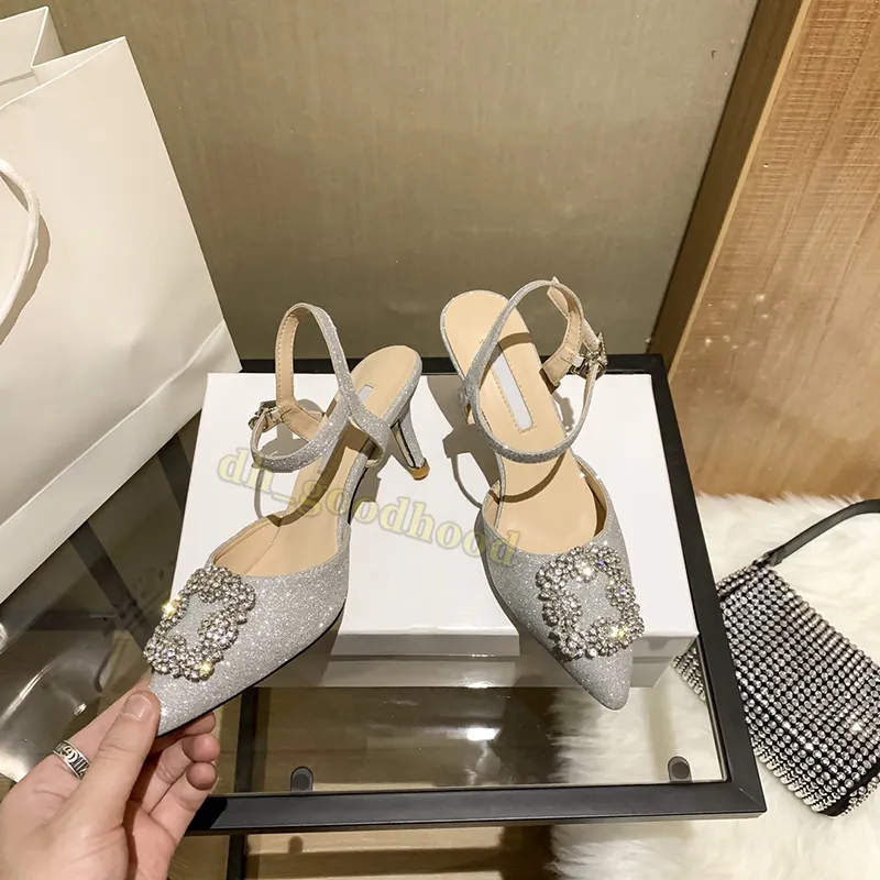 Tacones de vestir para mujer zapatos Hangisi Classic 65 Crystals Hebilla Satinada Satinback Bombas de satén Hebilla Hebilla Sand