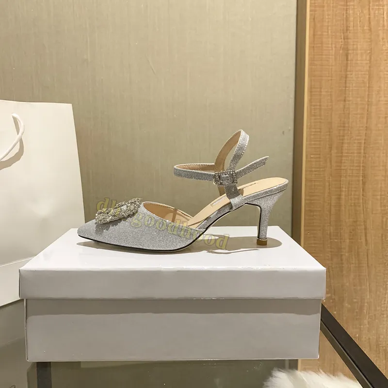 Tacones de vestir para mujer zapatos Hangisi Classic 65 Crystals Hebilla Satinada Satinback Bombas de satén Hebilla Hebilla Sand