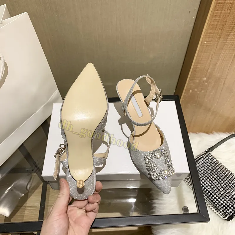 Tacones de vestir para mujer zapatos Hangisi Classic 65 Crystals Hebilla Satinada Satinback Bombas de satén Hebilla Hebilla Sand