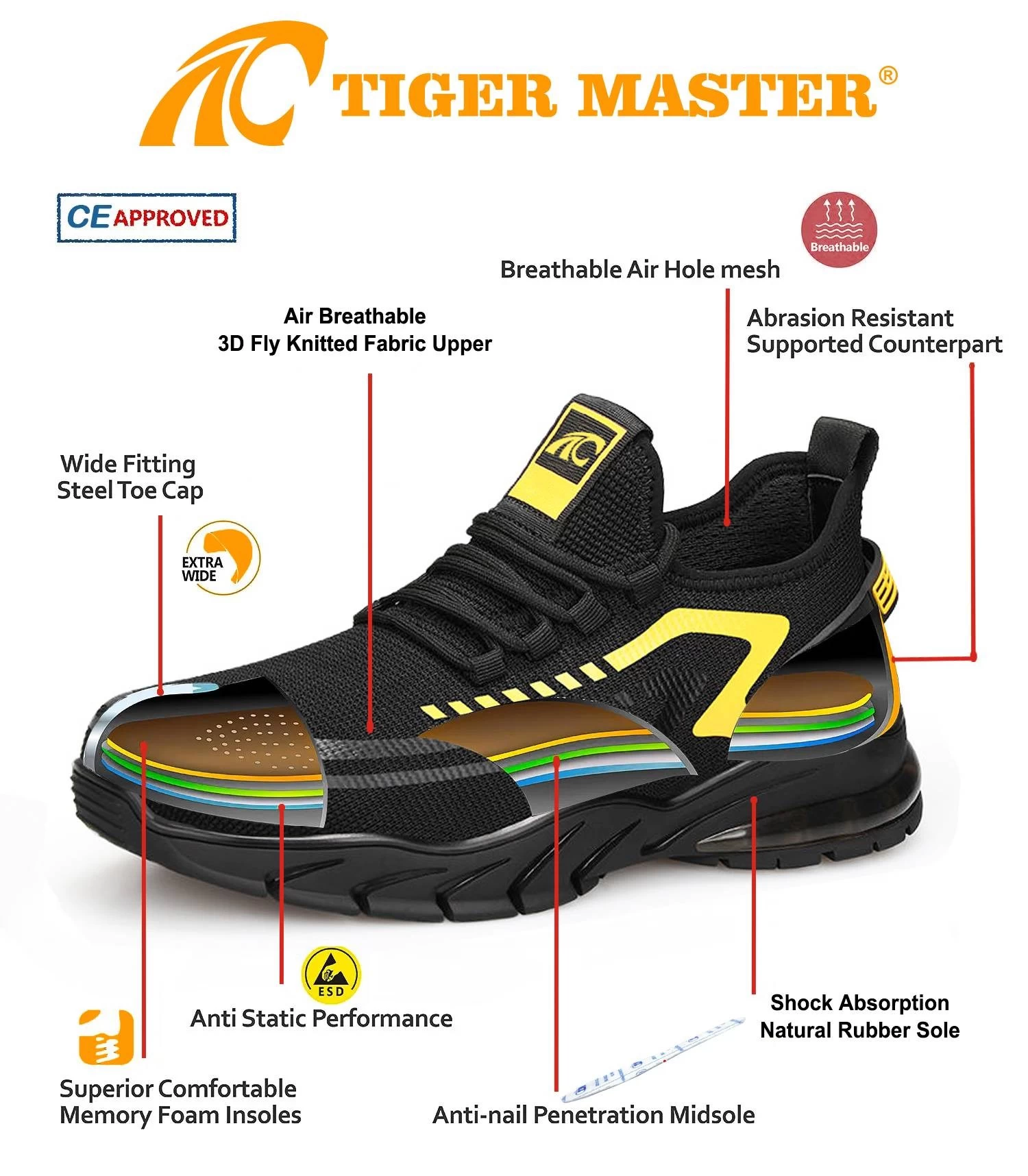 TM3061 suela de goma de absorción de impactos zapatos de seguridad deportivos con punta de acero a la moda