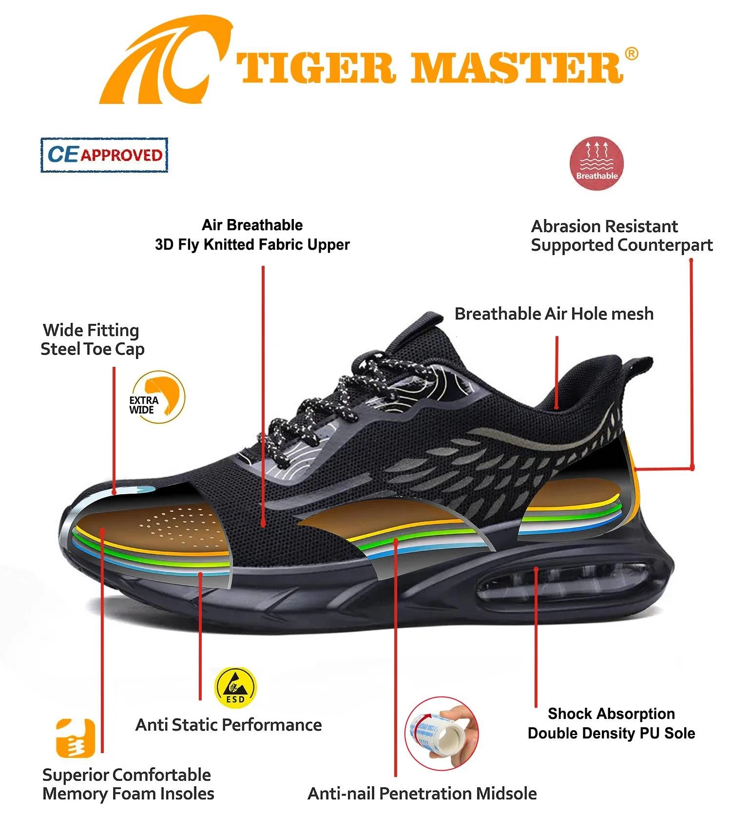 TM3078 zapatos de seguridad deportivos de moda transpirables con punta de acero antideslizantes a prueba de pinchazos para hombr