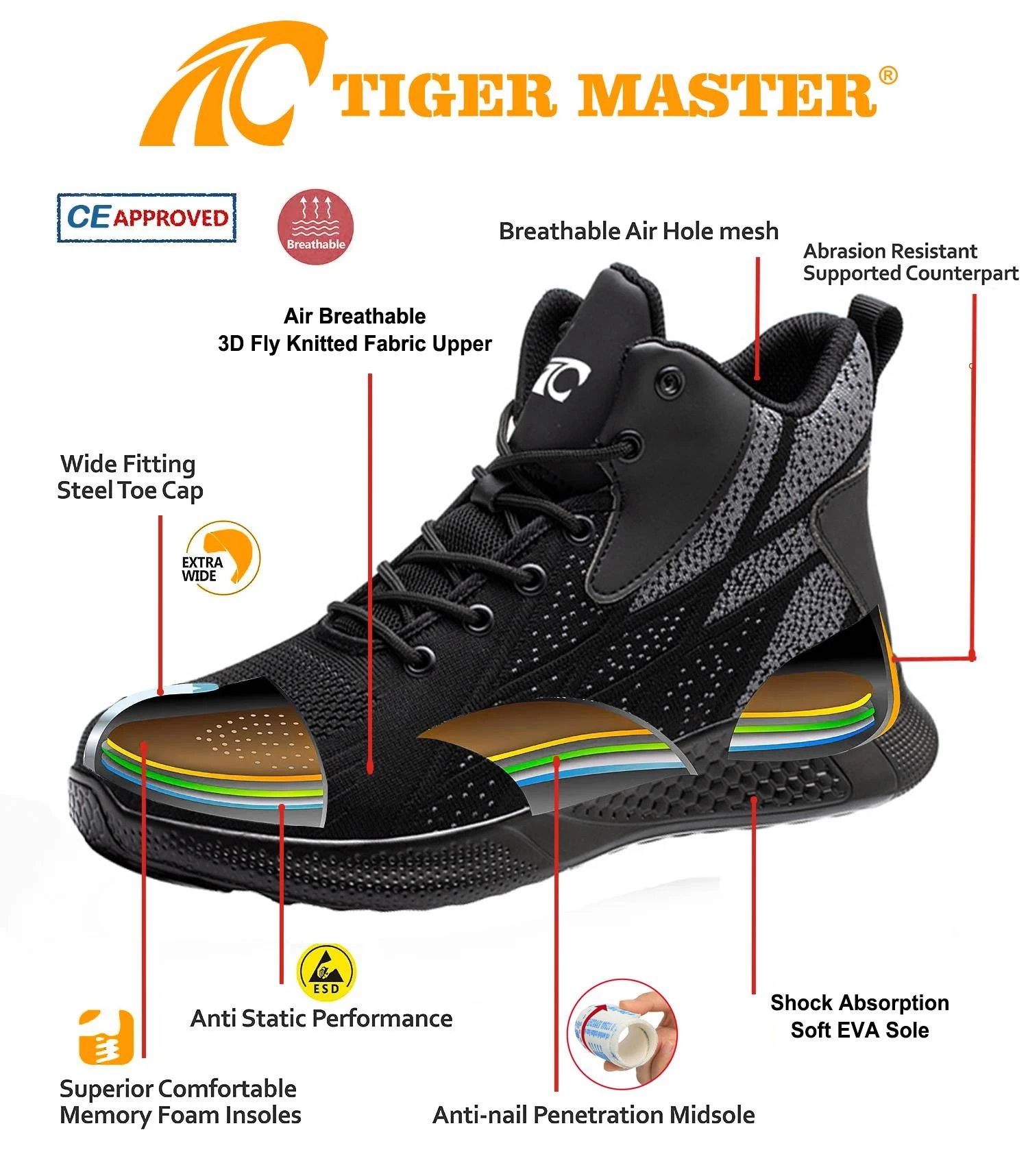 TM3082 Zapatos de seguridad deportivos con punta de acero y tobillo alto para hombres, peso ligero