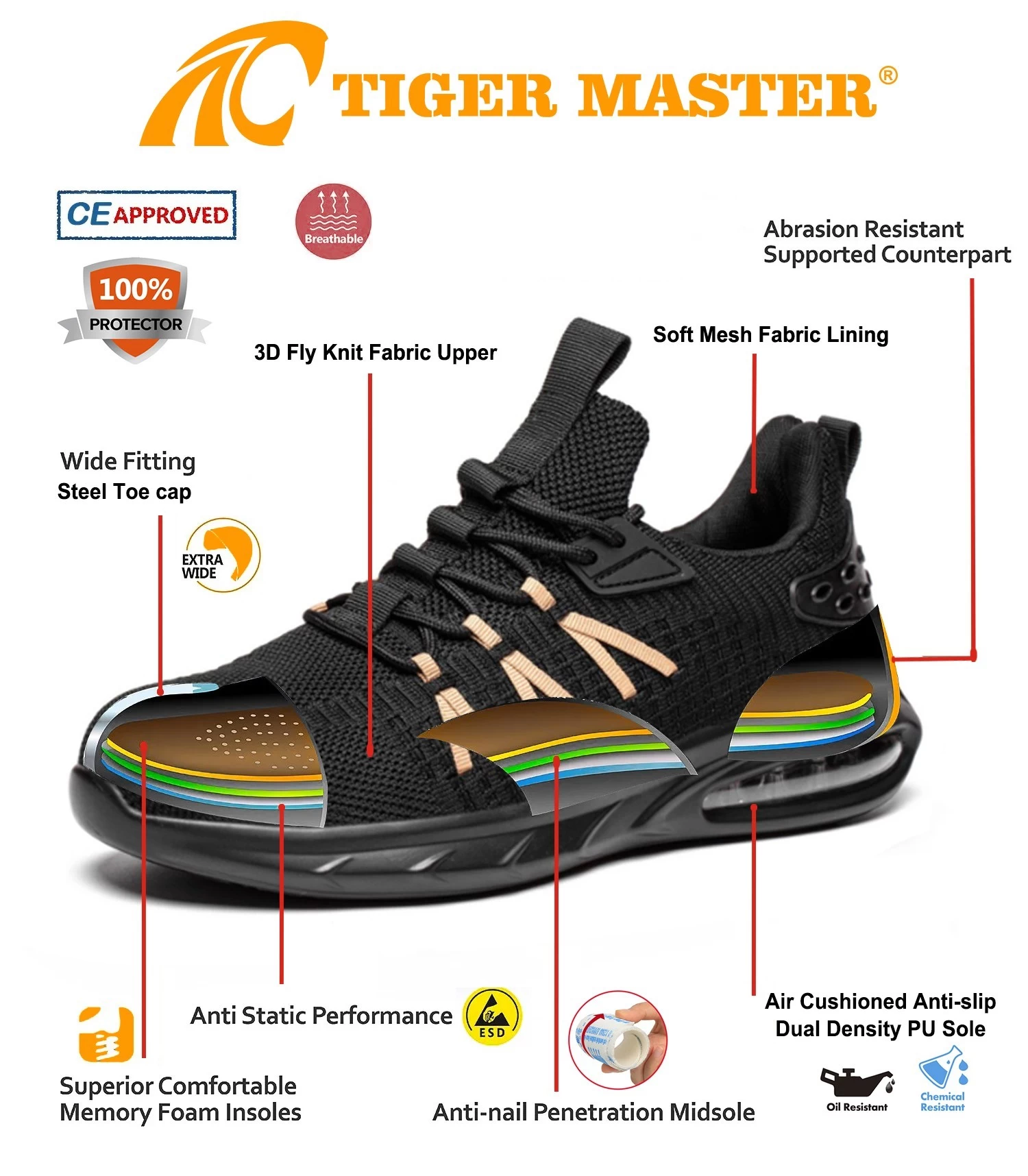 TM3132 Zapatos de seguridad deportivos antideslizantes con punta de acero y amortiguación de aire para hombres de peso ligero