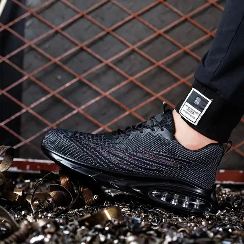 TM3153 Zapatos de seguridad deportivos de moda transpirables con punta de acero negro para trabajo de hombre