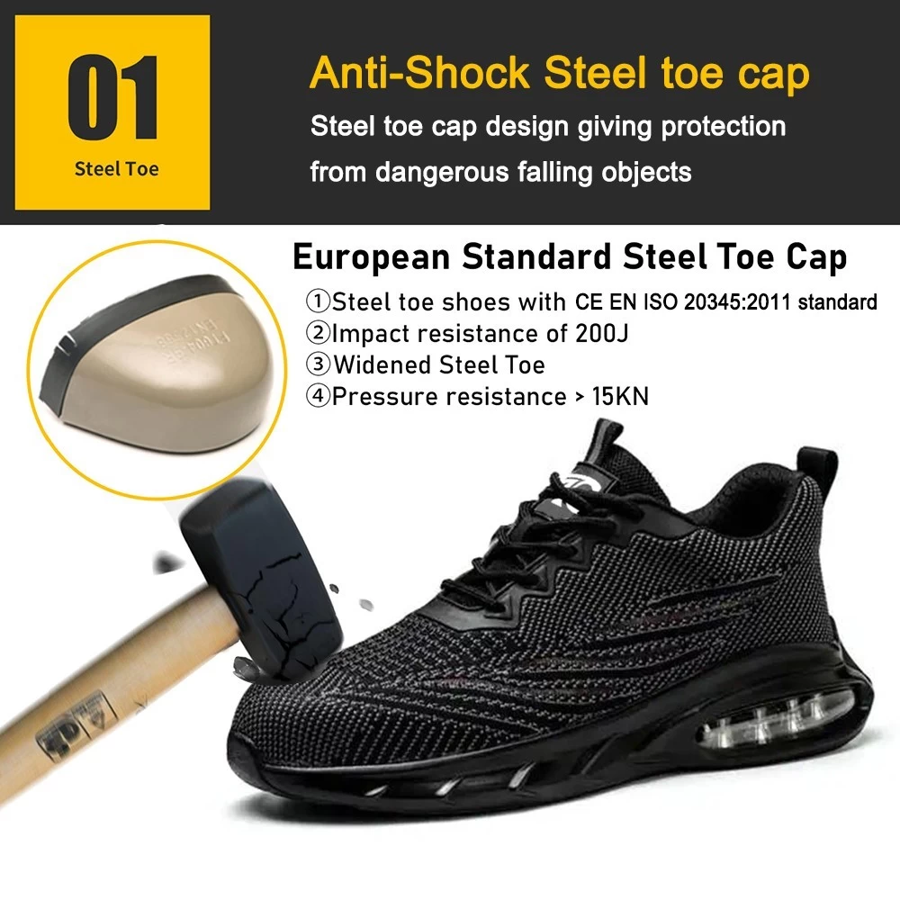 TM3153 Zapatos de seguridad deportivos de moda transpirables con punta de acero negro para trabajo de hombre