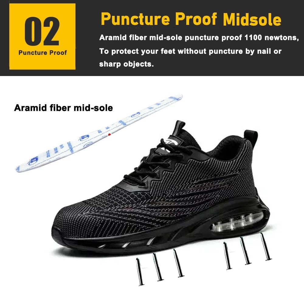 TM3153 Zapatos de seguridad deportivos de moda transpirables con punta de acero negro para trabajo de hombre