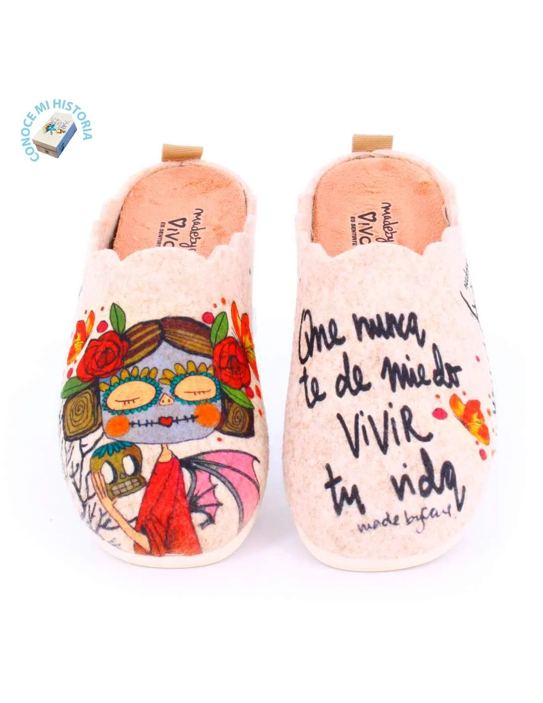 Zapatilla de Casa "Que nunca te de miedo vivir tu vida" Fieltro Beig