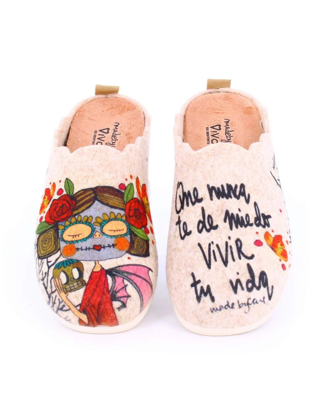 Zapatilla de Casa "Que nunca te de miedo vivir tu vida" Fieltro Beig