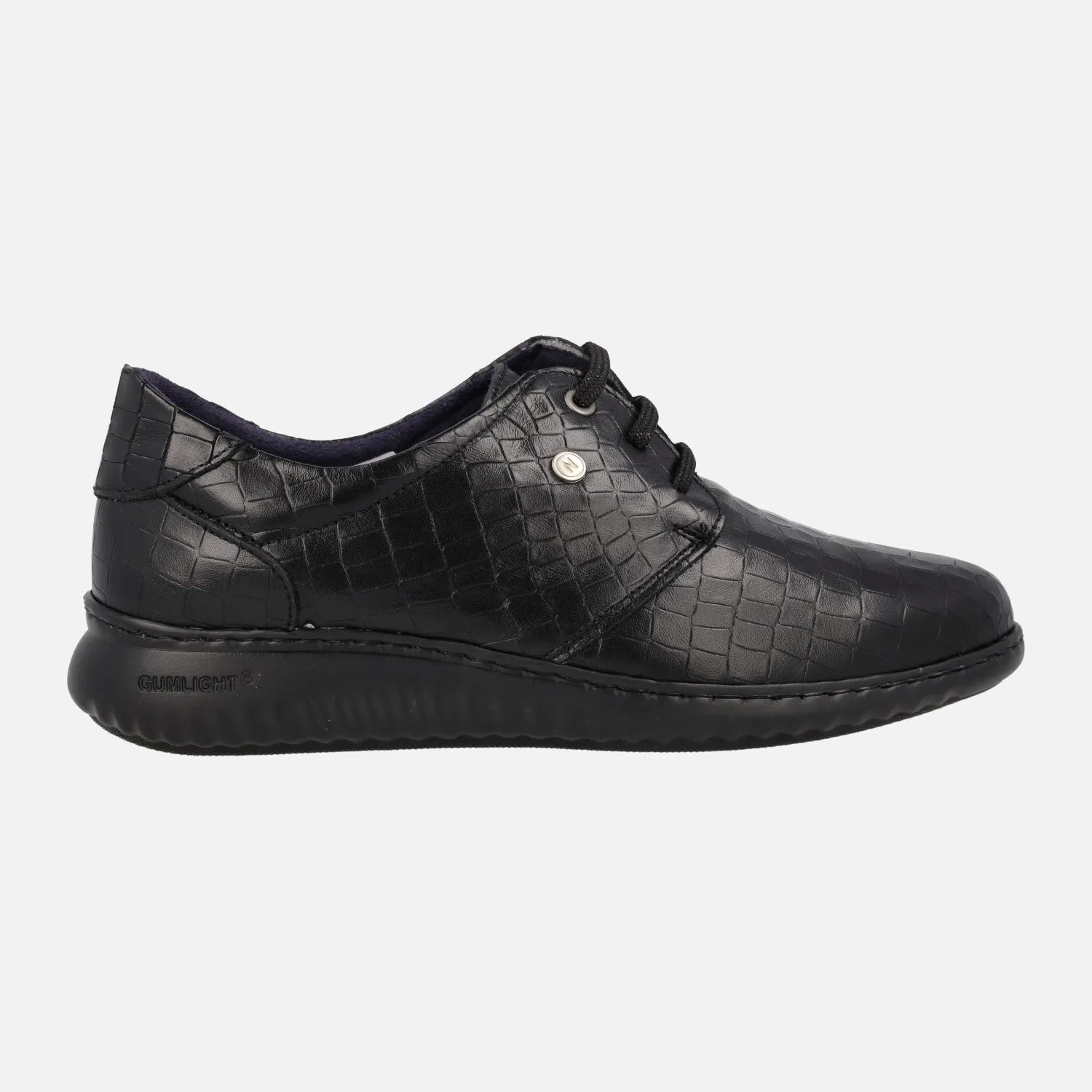 Zapatos confort para mujer en piel grabada negra con cordones