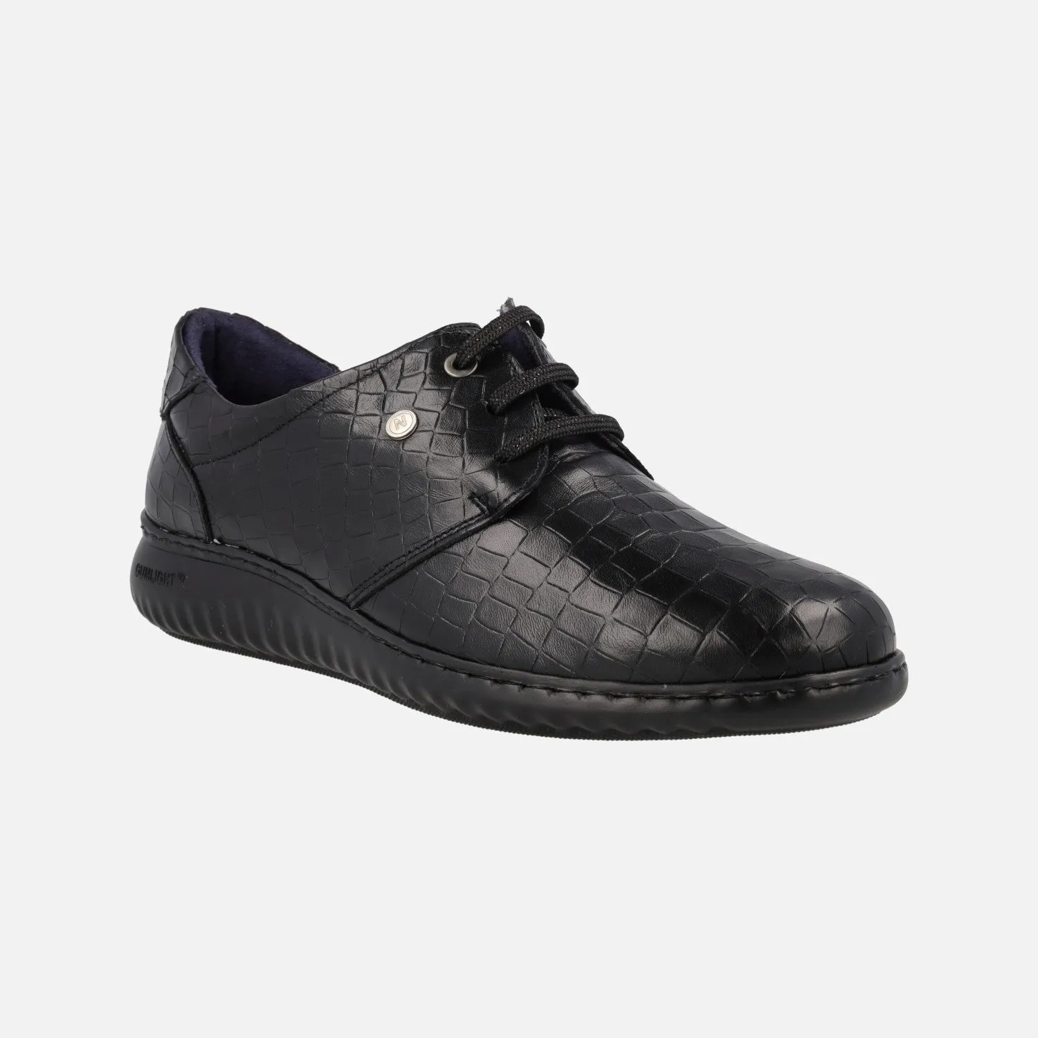 Zapatos confort para mujer en piel grabada negra con cordones