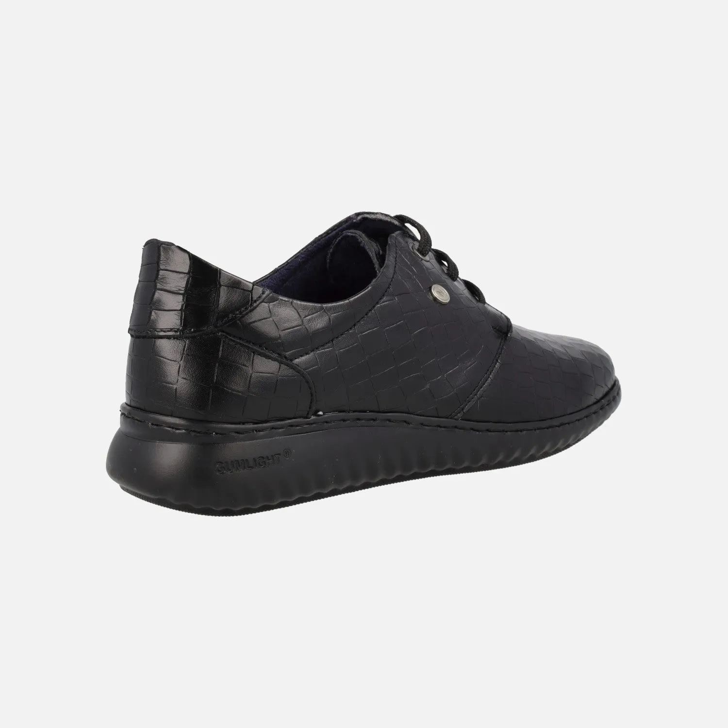 Zapatos confort para mujer en piel grabada negra con cordones