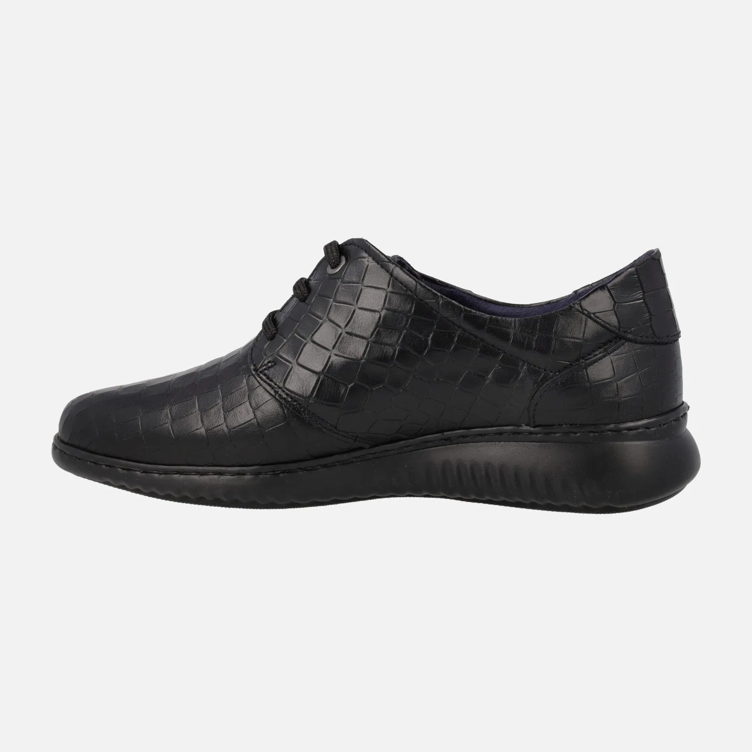 Zapatos confort para mujer en piel grabada negra con cordones