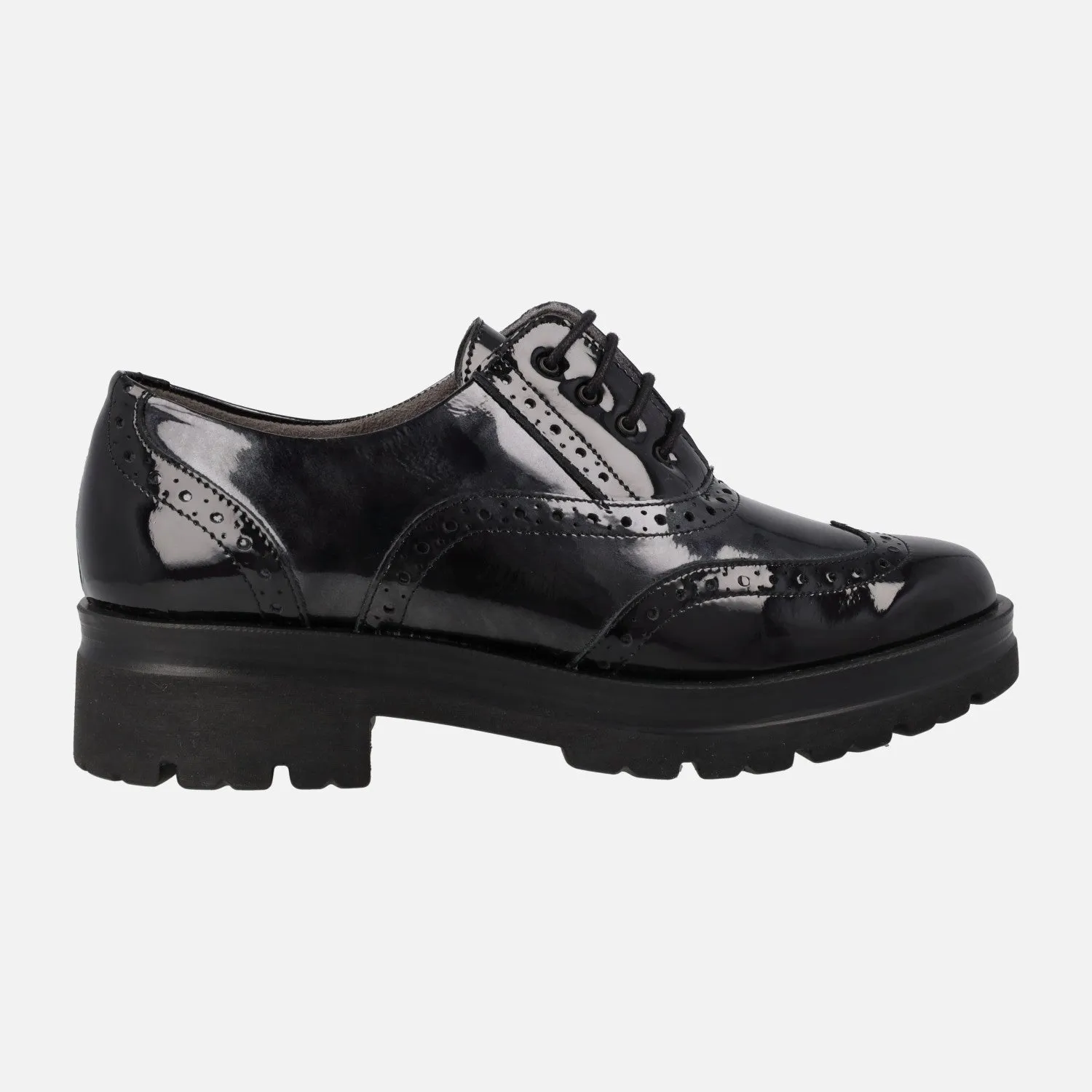 Zapatos de charol con cordones estilo oxford para mujer en combinado negro/gris