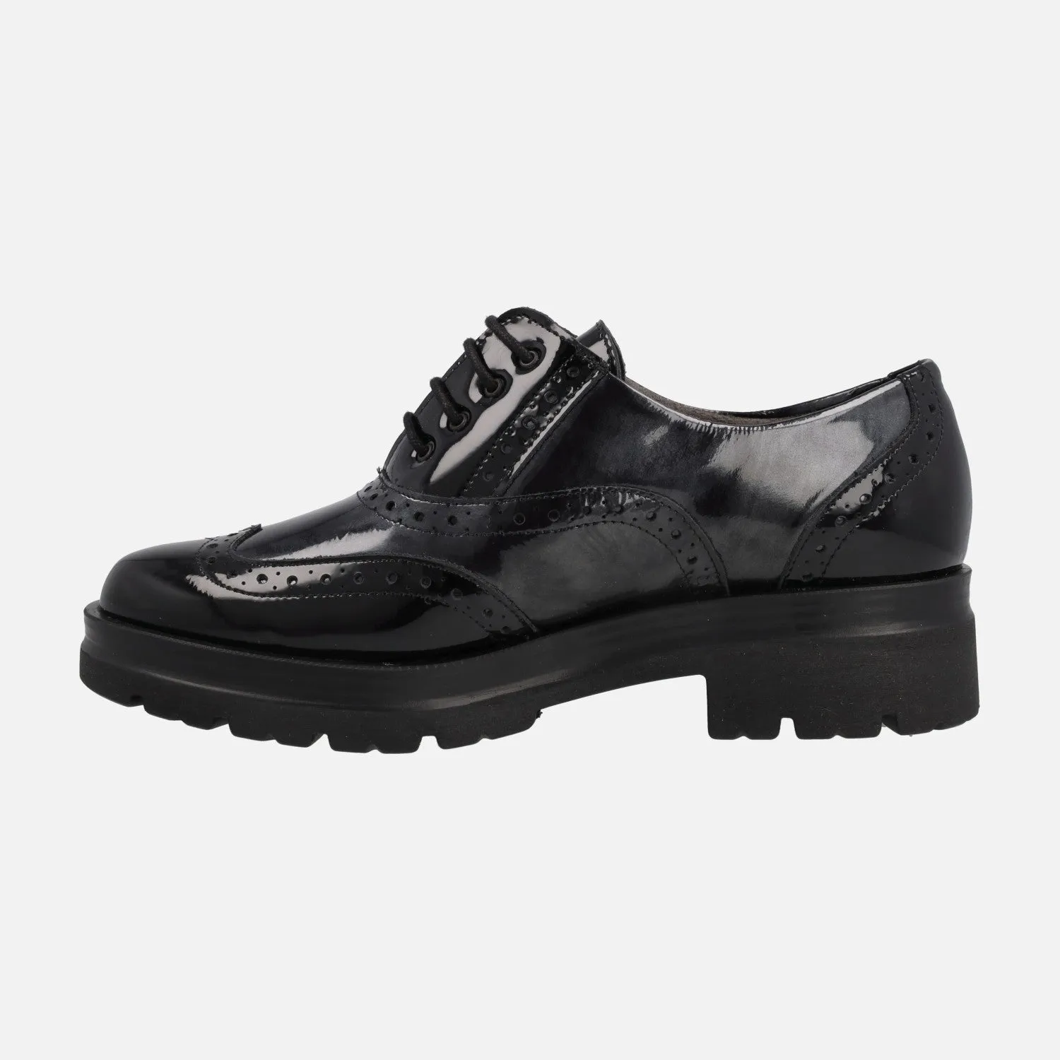 Zapatos de charol con cordones estilo oxford para mujer en combinado negro/gris